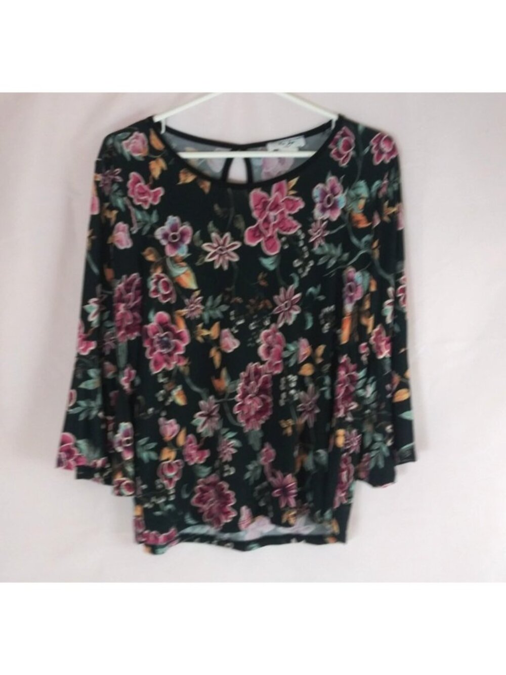 Rue Juju Women's Black Floral Bell Sleeve Blouse Size Large